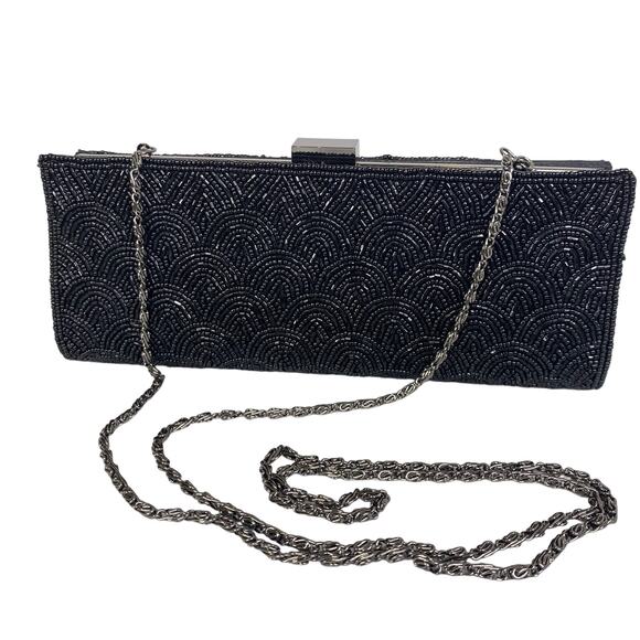 Jessica McClintock Black Beaded Evening Purse Chain Handle Goth Witchy Formal - Picture 1 of 8
